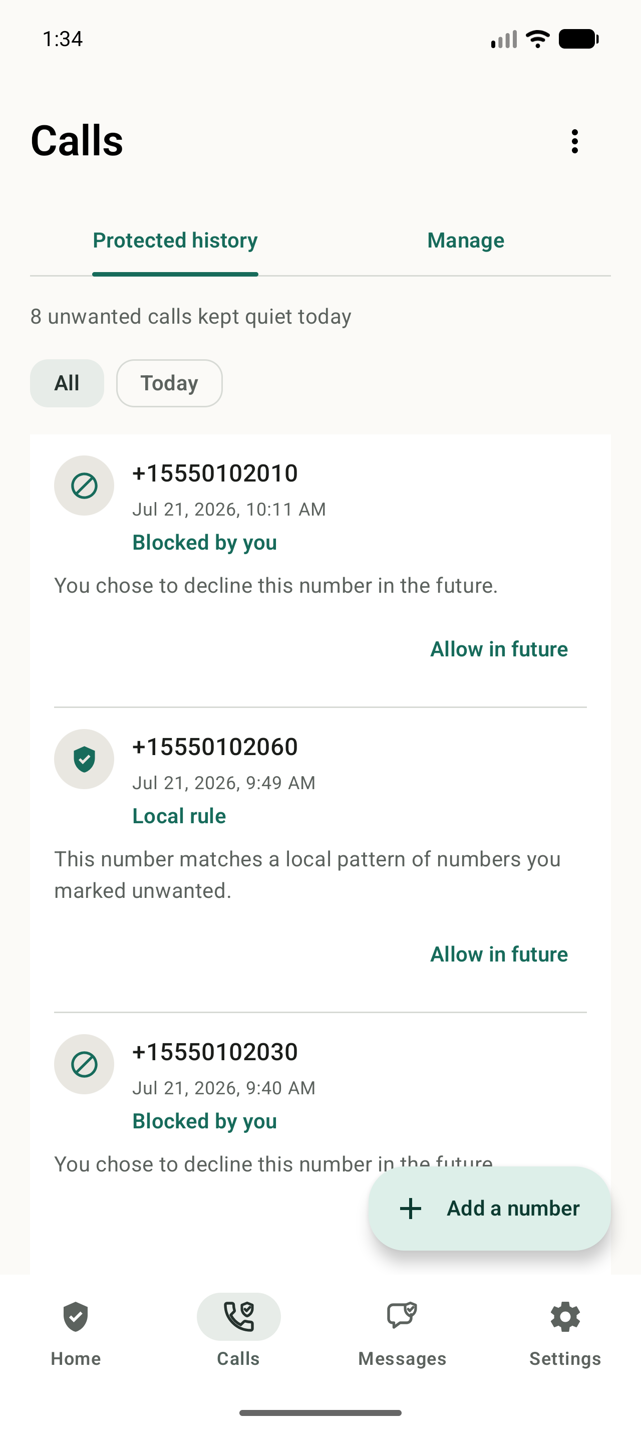 NoRing Calls screen showing protected call history and Call Protection controls