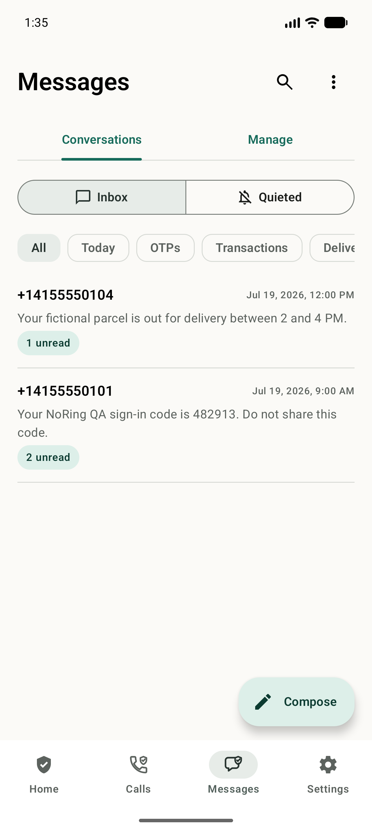 NoRing Messages Inbox showing important SMS and MMS conversations