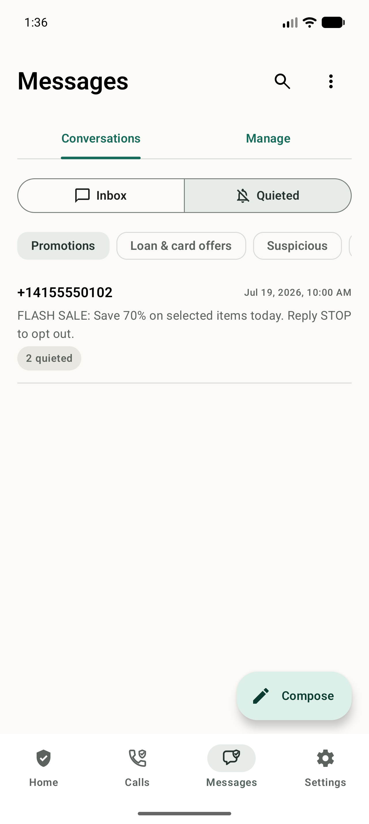NoRing Messages Quieted view showing promotional and suspicious SMS and MMS kept silent