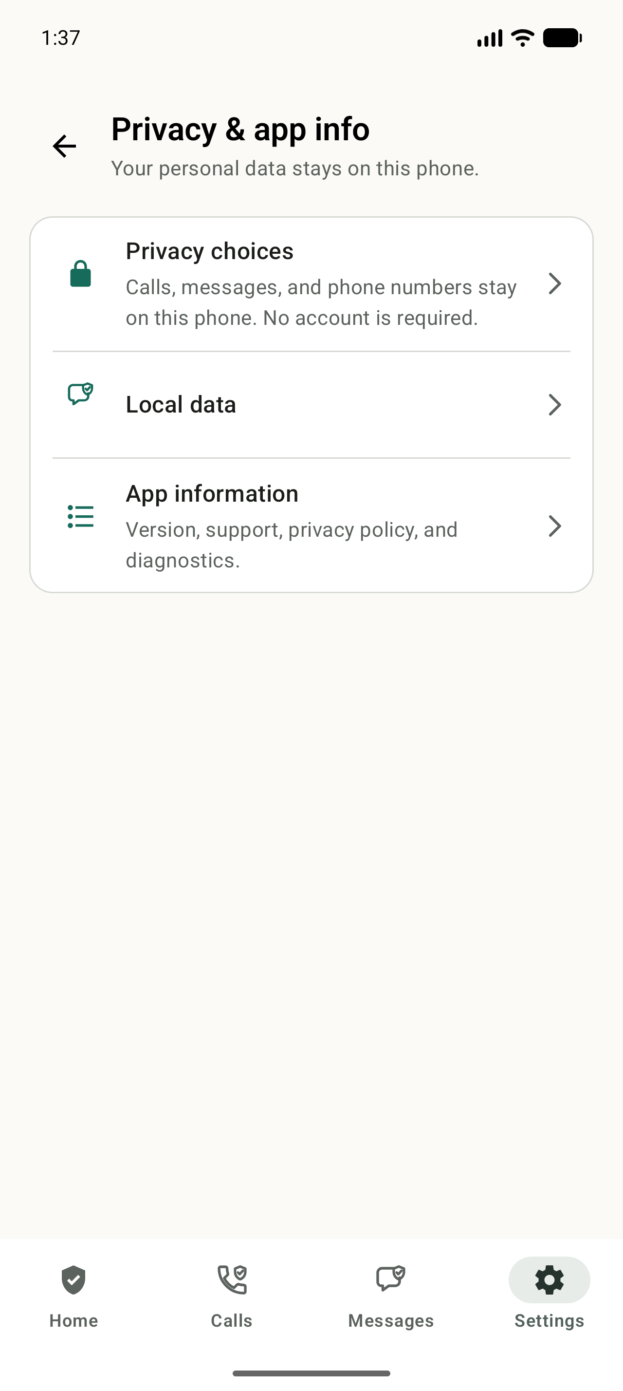 NoRing privacy screen explaining that call and SMS MMS protection data stays on the phone